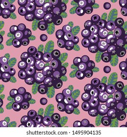 Colourful seamless pattern of firethorn pyracantha decorative garden hedge with purple berries and green leaves on pink background