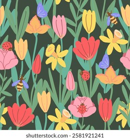 Colourful Seamless Pattern with Flowers and Garden Insects. Hand Drawn Illustration of Daffodil, Tulip, Muscari and Crocus and Insects.