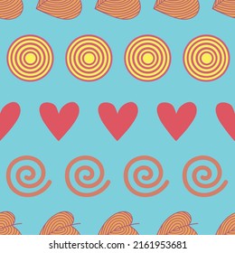 Colourful seamless pattern with geometric shapes on blue background. For fabric, wrapping paper, packaging, scrapbooking.