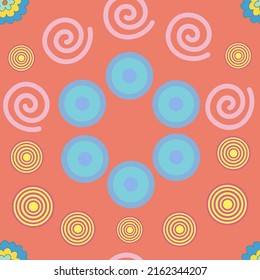 Farbiges, nahtloses Muster mit geometrischen Formen auf orangefarbenem Hintergrund. Für Gewebe, Umhüllungspapier, Verpackung, Scrapbooking.