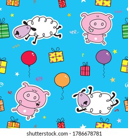 Colourful seamless pattern illustration of balloons, presents, pigs, sheep for gift wrap or other.