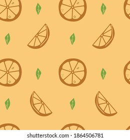 Farbiges, nahtloses Muster mit orangefarbenen Scheiben und Blättern auf einem einfachen Hintergrund. Vektormuster für Gewebe, Web, Lebensmittelindustrie, Bio-Produkte