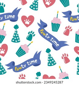 Colourful seamless pattern Pawty time for dog birthday. Vector square hand drawn design with paws, cake and ribbon.