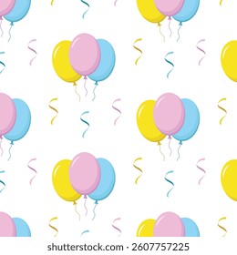 Colourful seamless pattern with pink, yellow, blue balloons and ribbons. Birthday party vector illustration.