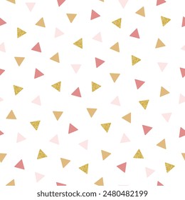 Colourful seamless pattern with repeating triangles. Pattern in delicate colours with glitter. Vector illustration.