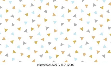 Colourful seamless pattern with repeating triangles in blue and grey tones, horizontal background. Vector illustration.