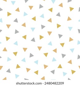 Colourful seamless pattern with repeating triangles in blue and grey. Pattern in subtle tones with sequins. Wallpaper for a boy's room. Vector illustration.