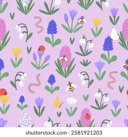 Colourful Seamless Pattern with Spring Flowers and Garden Insects. Spring Background with Snowdrop, Grape hyacinth, and Crocus Flowers.