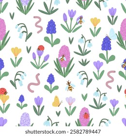 Colourful Seamless Pattern with Spring Flowers and Garden Insects. Spring Background with Snowdrop, Grape hyacinth, and Crocus Flowers.