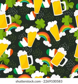 Colourful seamless pattern for St Patrick holiday with beer,rainbow, clover and Ireland flag elements. vector illustration. on a back background.