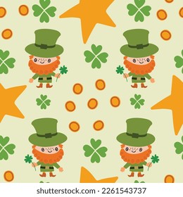 Colourful seamless pattern for St. Patrick's Day. Hand drawn illustration with Leprechauns, clovers, stars and coins. For textile, wrapping paper, packaging, decor, DIY projects.