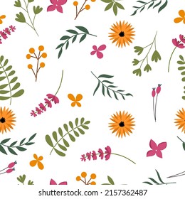 Colourful seamless pattern with summer flowers, leaves and butterflies on a white background. Vector illustration.