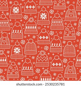 Padrão colorido sem emenda com chapéus de inverno em estilo de desenho animado. Ilustração vetorial