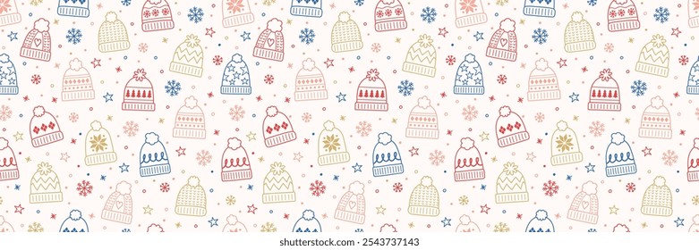 Colourful seamless pattern with winter hats in cartoon style. Banner. Vector illustration