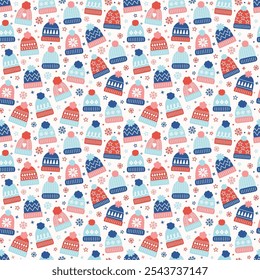 Padrão colorido sem emenda com chapéus de inverno em estilo de desenho animado. Ilustração vetorial