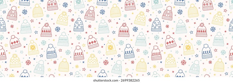 Colourful seamless pattern with winter hats in cartoon style. Banner. Vector illustration