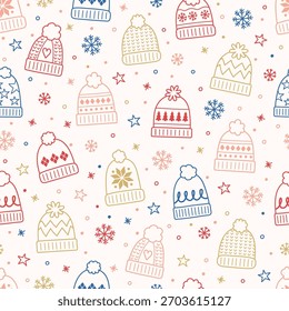 Colourful seamless pattern with winter hats in cartoon style. Vector illustration