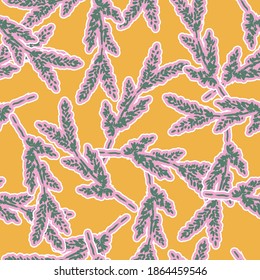 Colourful Seamless repeat pattern with hand drawn meadow flowers in green leaves and pastel pink on yellow background. Design for fashion , fabric, textile, wallpaper, cover, web , wrapping 