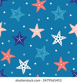 Bunte nahtlose Meer-Stern-Fisch-Muster und Hintergrund-Vektorillustration. Handgezeichnete Illustration Sea Star für Stoff, Bildschirmhintergrund, Design.