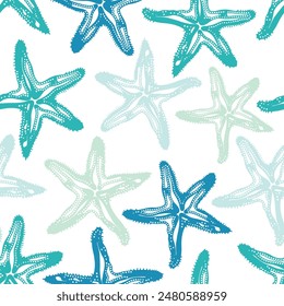 Estrella de mar sin costura colorida Patrón de pescado y Ilustración vectorial de fondo. Dibujado a mano Ilustración estrella de mar para tela, Fondo de pantalla, diseño.