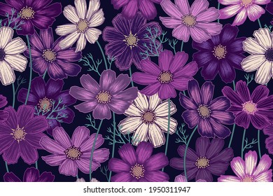 Colourful seamless spring floral pattern. Flowering plants. Vintage vector. Cute flowers chamomile. Victorian style. Luxurious summer textiles, paper, wallpaper decoration. Ornamental cover.