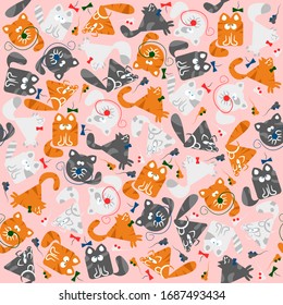 Colourful seamless vector pattern with cats and mice