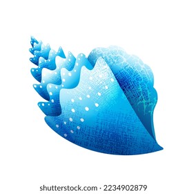 Colourful seashell of blue conch fish shell. Hand drawn blue shell elaborate illustration in watercolor style, textured vector aquatic graphics. Decorative marine life clip art.