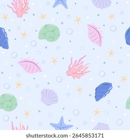 Conchas marinhas coloridas e padrão sem costura de estrelas-do-mar. Vetor ilustração vida marinha padrão sem emenda para fundo, papel de parede, envoltório e têxtil.