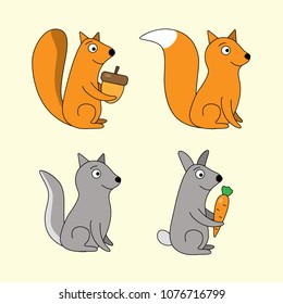 Colourful set of animals. Fox, wolf, squirrel, hare.