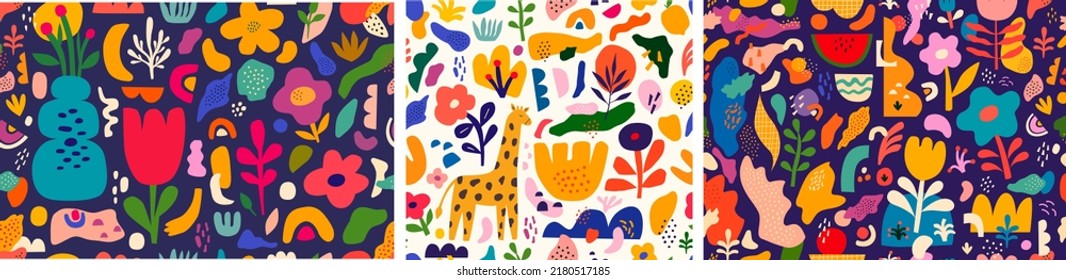 Farbige Reihe von nahtlosen Mustern für Säuglinge. Blumensommer, kindliche nahtlose Muster