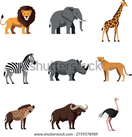 A colourful set of cartoon-style illustrations featuring a lion, elephant, giraffe, zebra, rhinoceros, cheetah, hyena, bison, and ostrich, all isolated on a white background with bold lines and bright colours