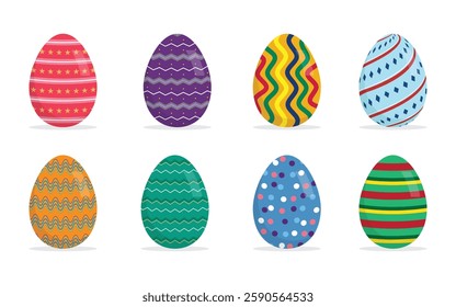 Colourful set of decorated easter eggs geometric and seasonal patterns