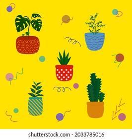 Colourful set of different plants in pots and details on yellow background 