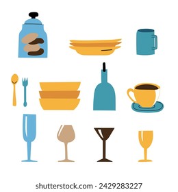 Colourful set of dining cutlery and dishes isolated on white background. Cartoon flat minimal style.