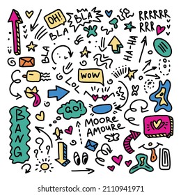 Colourful set of doodle illustrations. The illustrations have elements of doodles, stars, sparkles, hearts, decorations, frames, speech bubbles, arrows. Vector illustration icon set