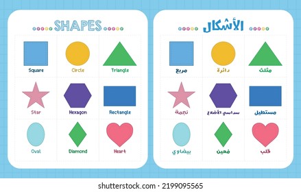 Colourful set of geometric shapes for children to make the learning easy. Basic geometric shapes in Arabic with English translation for both Arabic and English speakers. Vector illustration in flat.