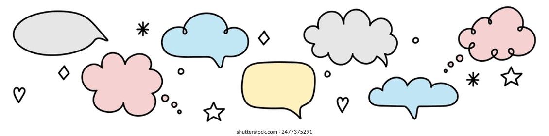 Colourful set with hand drawn speech bubbles. Cartoon style chat boxes. Vector illustration