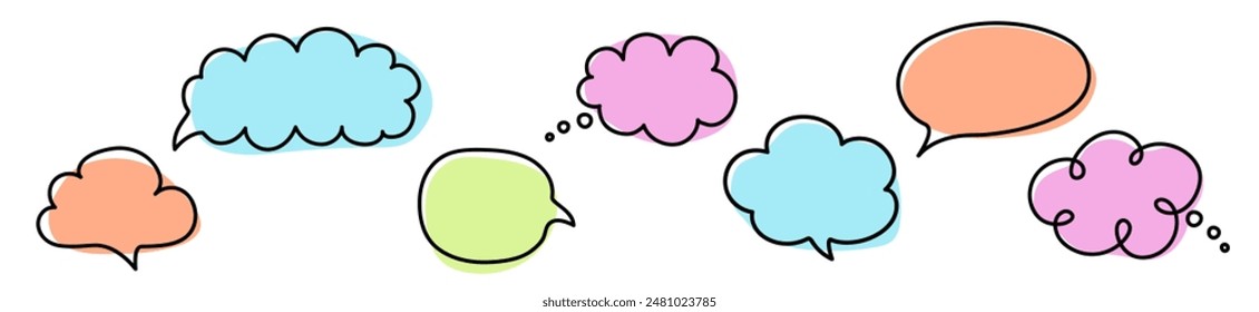 Colourful set with hand drawn speech bubbles. Cartoon style chat boxes. Vector illustration