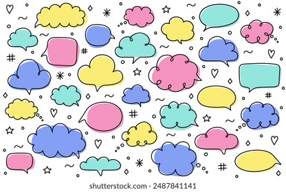 Colourful set with hand drawn speech bubbles. Cartoon style chat boxes. Vector illustration