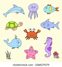 Colourful set of sea animals, vector cartoon collection.