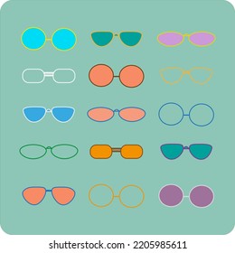 Colourful set of sunglasses and optical glasses different shape and color. Pastel vintage style.