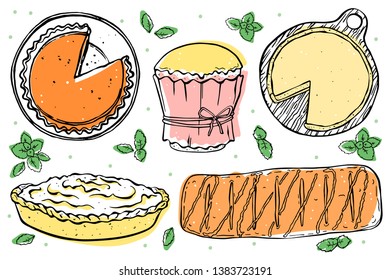 Colourful set of types of cakes on white background