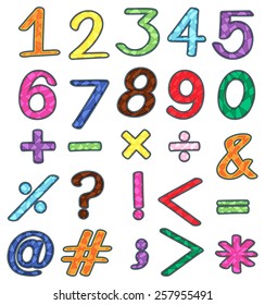 Colourful sets of numbers and mathematical operations on a white background