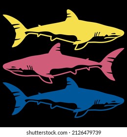 Colourful sharks swimming, menacingly in a pop art style.