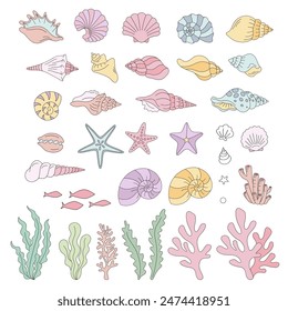 Colourful Shells Corals Seaweeds vector clip-art set isolated on white. Groovy underwater illustration