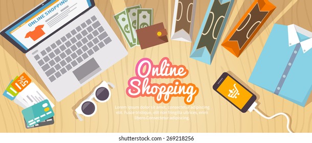 Colourful shopping vector flat banner for your business, web sites etc. Quality design illustrations, elements and concept. Online shopping. Buy online. Delivery.