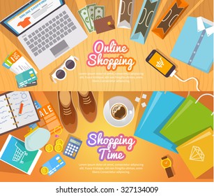 Colourful shopping vector flat banners set  for your business, web sites etc. Quality design illustrations, elements and concept. Online shopping. Buy online. Delivery.