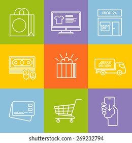 Colourful shopping vector icon set for your business, web sites, presentations, advertising etc. Quality design illustrations, elements and concept. Line icons.