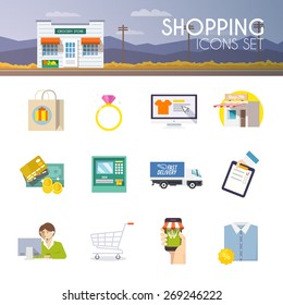 Colourful shopping vector icon set for your business, web sites, presentations, advertising etc. Quality design illustrations, elements and concept. Flat icons.