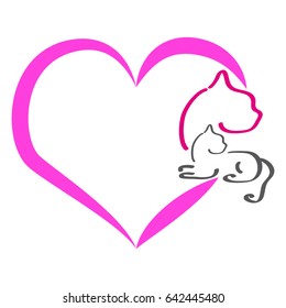 Colourful silhouette of a cat with hearts  on white background. Vector illustration.